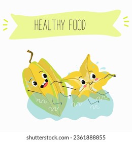 Vector cartoon character carambola, carom, funny vegetable, fruit. Farm fresh harvest, agriculture organic veggie or vegetarian food ripe product. 