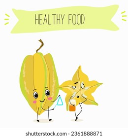 Vector cartoon character carambola, carom, funny vegetable, fruit. Farm fresh harvest, agriculture organic veggie or vegetarian food ripe product. 