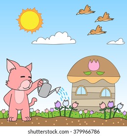 vector cartoon character cat watering
