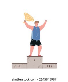 Vector Cartoon Character Celebrate Victory At Sport Pedestal,successful Athlete Rejoice,top Winner Hold Prize Cup-success Achieving,professional Sport Achievements Concept,web Site Ad Banner Design