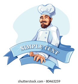 Vector cartoon character of cheerful cook with beard and in white uniform. Logo template isolate on white background with place for your text.