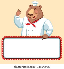 Vector cartoon character chef bear with empty banner