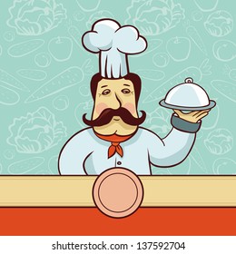 Vector cartoon character - chef cook with plate and ribbon for copy space
