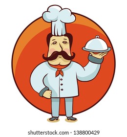 Vector cartoon character - chef cook with plate on round emblem