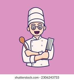 Vector cartoon character of a chef wearing uniform and hat, holding a knife and ladle. Good for Icon, mascot , logo. 