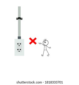 Vector cartoon character of children and plug socket with prohibition sign symbol for warning or information