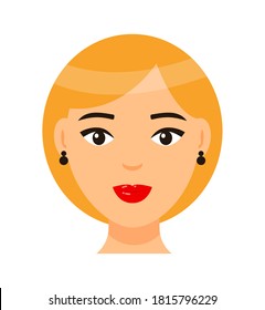 Vector cartoon character. Concept of avatar of young blonde woman with red lips and light makeup, earrings. Isolated portrait of pretty girl with elegance ponytail hairstyle. Attractive lady icon