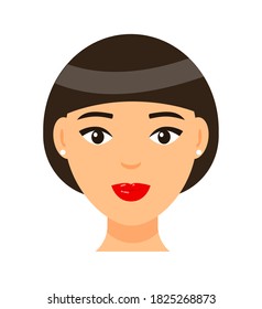 Vector cartoon character. Concept of avatar of young brown-haired woman with red lips and light makeup, earrings. Isolated portrait of pretty girl with elegance bob haircut. Attractive lady icon