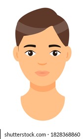 Vector cartoon character. Concept of avatar of young man with brown hair. Isolated at white background portrait of caucasian person. Brunet adult guy with short haircut Handsome man. Face of white man