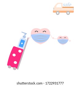 Vector Pareja De Mini Corazón Cuto Con Máscara De Oreja Azul Y Consiga Un Sanitizador De Mano Para Lavar Mano Para Proteger Virus Y Gripe Y PM2.5 Para Viajar En Situación De Pandemia