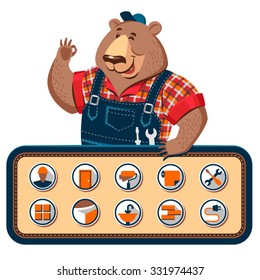 Vector cartoon character craftsman bear with the set of icons for repair