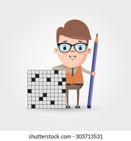 Vector Cartoon Character with a Crossword Puzzle and Pencil