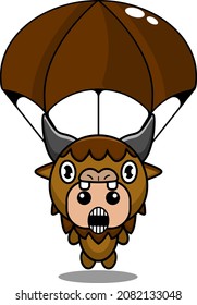 vector cartoon character cute animal bison mascot costume wearing parachute