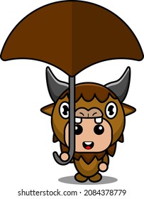 vector cartoon character cute animal bison mascot costume holding umbrella