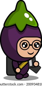 vector cartoon character cute army soldier costume eggplant vegetable mascot
