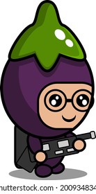 personaje de caricatura vectorial lindo vestido de soldado del ejército berenjena mascota vegetal