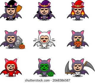 vector cartoon character cute bat animal mascot costume set halloween bundle