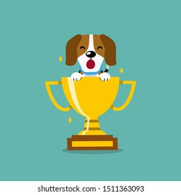 Vector Cartoon Character Cute Beagle Dog With Gold Trophy Cup Award For Design.