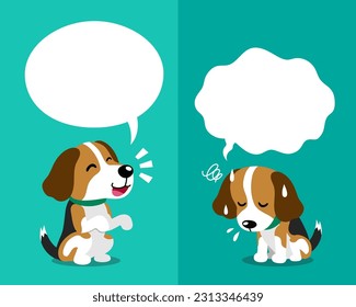 Vector cartoon character cute beagle dog expressing different emotions with speech bubbles for design.