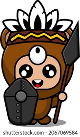 vector cartoon character cute bear animal mascot costume native hairdresser with spear and shield