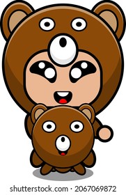 vector cartoon character cute bear mascot costume riding a little bear