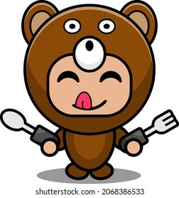 vector cartoon character cute bear mascot costume holding spoon and fork