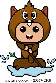 vector cartoon character cute  beaver animal mascot costume character wooden boat