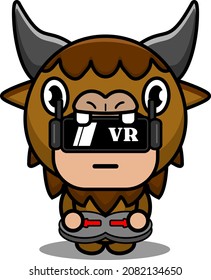 vector cartoon character cute bison animal mascot costume playing virtual reality game