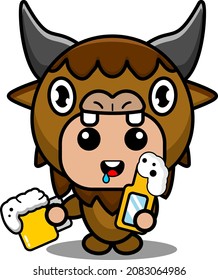 vector cartoon character cute bison animal mascot of costume holding beer bottle