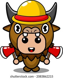 vector cartoon character cute bison animal mascot costume holding a farmer's ax tool