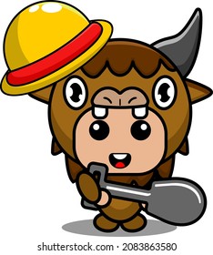 vector cartoon character cute bison animal mascot costume holding farmer's shovel tool