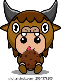 vector cartoon character cute bison animal mascot costume eating chocolate biscuit