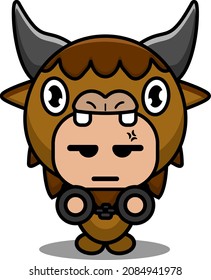 vector cartoon character cute bison animal mascot costume hand in handcuffs