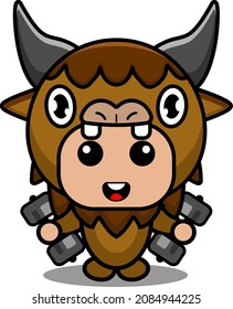vector cartoon character cute bison animal mascot costume lifting barbell