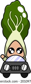 vector cartoon character cute bok choy vegetable mascot driving a car