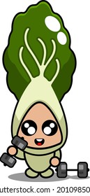 vector cartoon character cute bok choy vegetable mascot doing barbell lifting