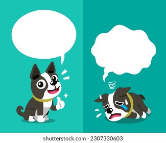 Personaje de dibujos animados vectores lindo perro de globo terrier que expresa diferentes emociones con burbujas de voz para el diseño.