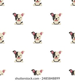 Vector cartoon character cute boston terrier dog seamless pattern background for design.