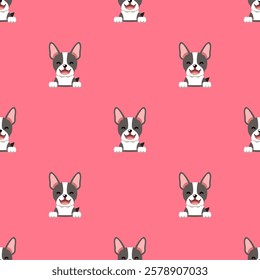 Vector cartoon character cute boston terrier dog seamless pattern background for design.