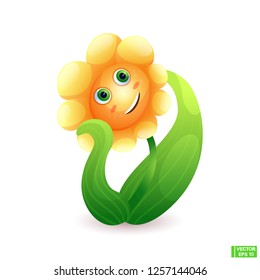 Vector cartoon character cute bright orange flower smiling.