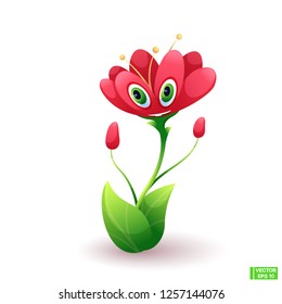 Vector cartoon character cute bright pink flower smiling.