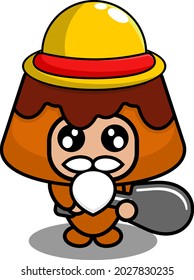 vector cartoon character cute brown cake food mascot costume wearing farmer hat and holding shovel