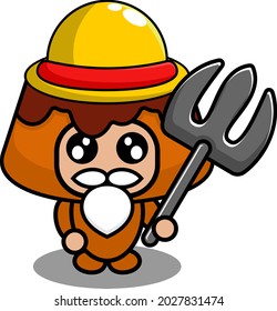 vector cartoon character cute brown cake food mascot costume holding a fork and wearing a farmer's hat