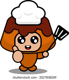 vector cartoon character cute brown cake food mascot costume wearing chef hat and holding shoes with thumbs up