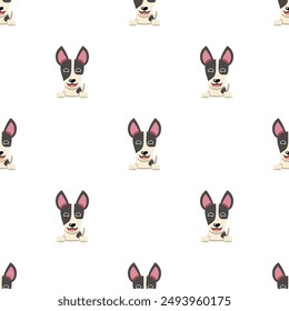 Vector cartoon character cute bull terrier dog seamless pattern background for design.