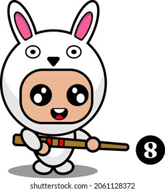 Vector Cartoon Character Cute Bunny Animal Mascot Costume Playing Billiard