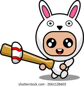 Vector Cartoon Character Cute Bunny Animal Mascot Costume Playing Baseball