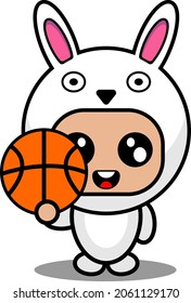 Vector Cartoon Character Cute Bunny Animal Mascot Costume Playing Basketball