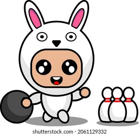 Vector Cartoon Character Cute Bunny Animal Mascot Costume Playing Bowling