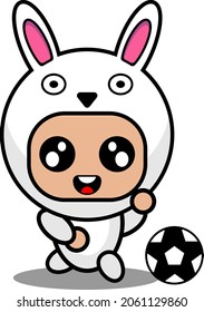 Vector Cartoon Character Cute Bunny Animal Mascot Costume Playing Soccer